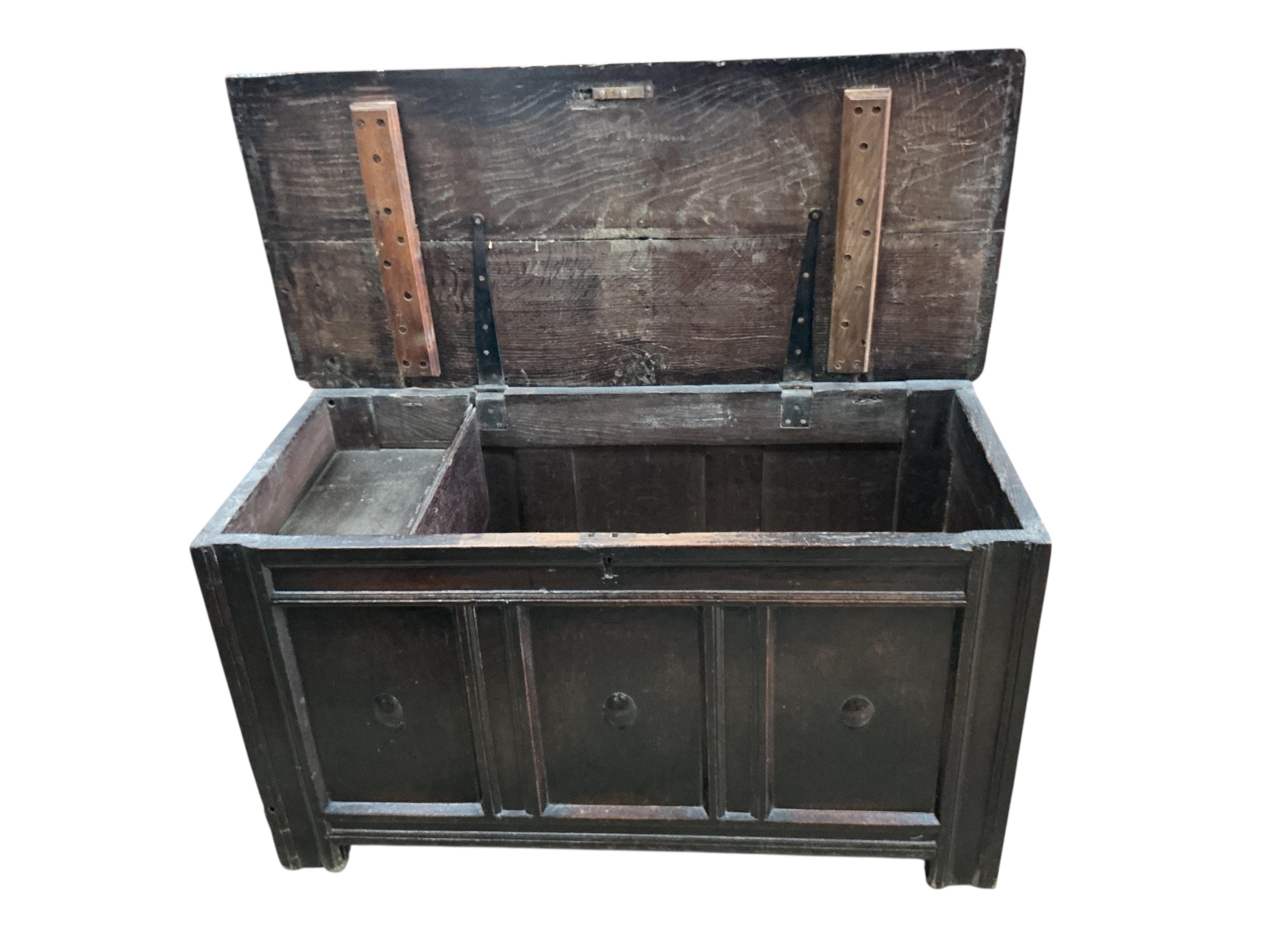 An early 18th century panelled oak coffer, width 120cm, depth 54cm, height 66cm